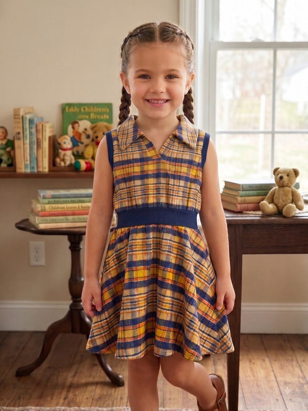 Vintage 70s Sears Growing Girl Plaid Dress Orange Navy Yellow